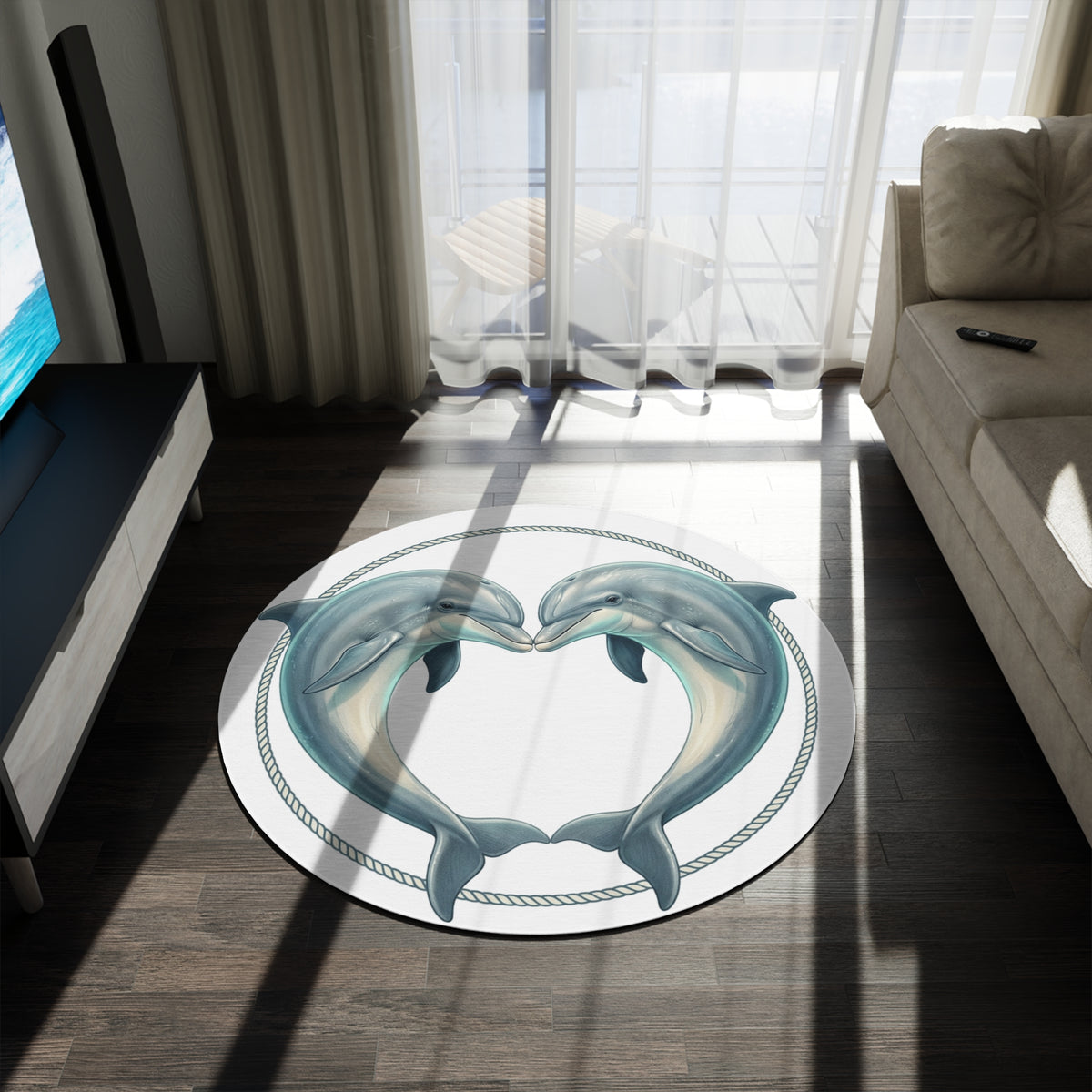 Dolphin Heart Round Rug — Nautical Coastal Accent Mat