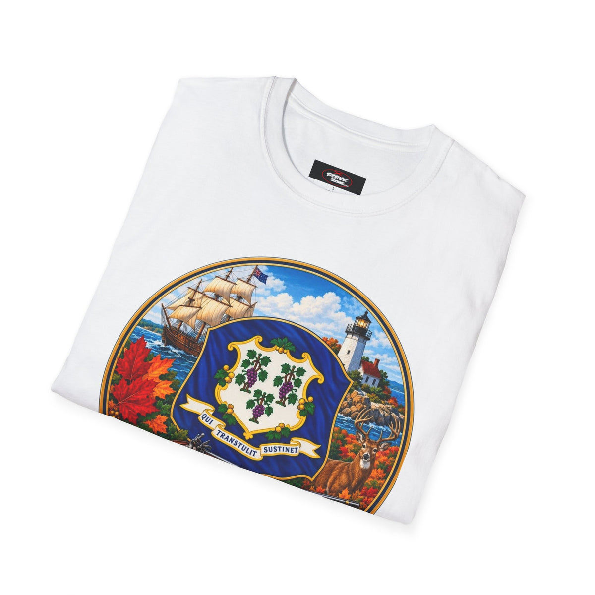 Connecticut Retro State Seal T-Shirt — Vintage Lighthouse & Ship Design