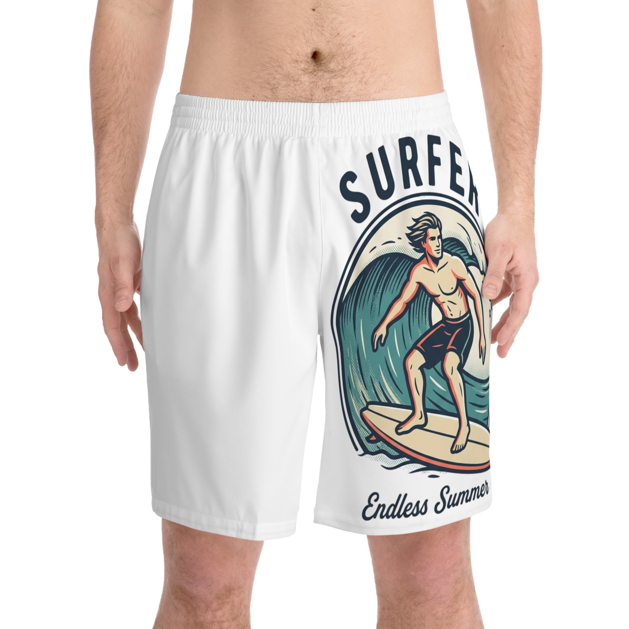 Surfer Beach Shorts — Men's Elastic AOP Swim Trunks