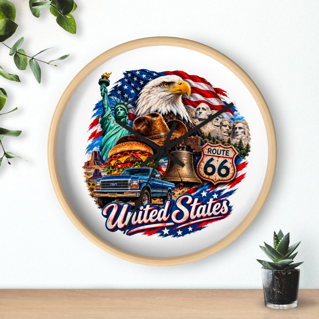 United States Patriotic Wall Clock — Eagle, Route 66 & American Landmarks