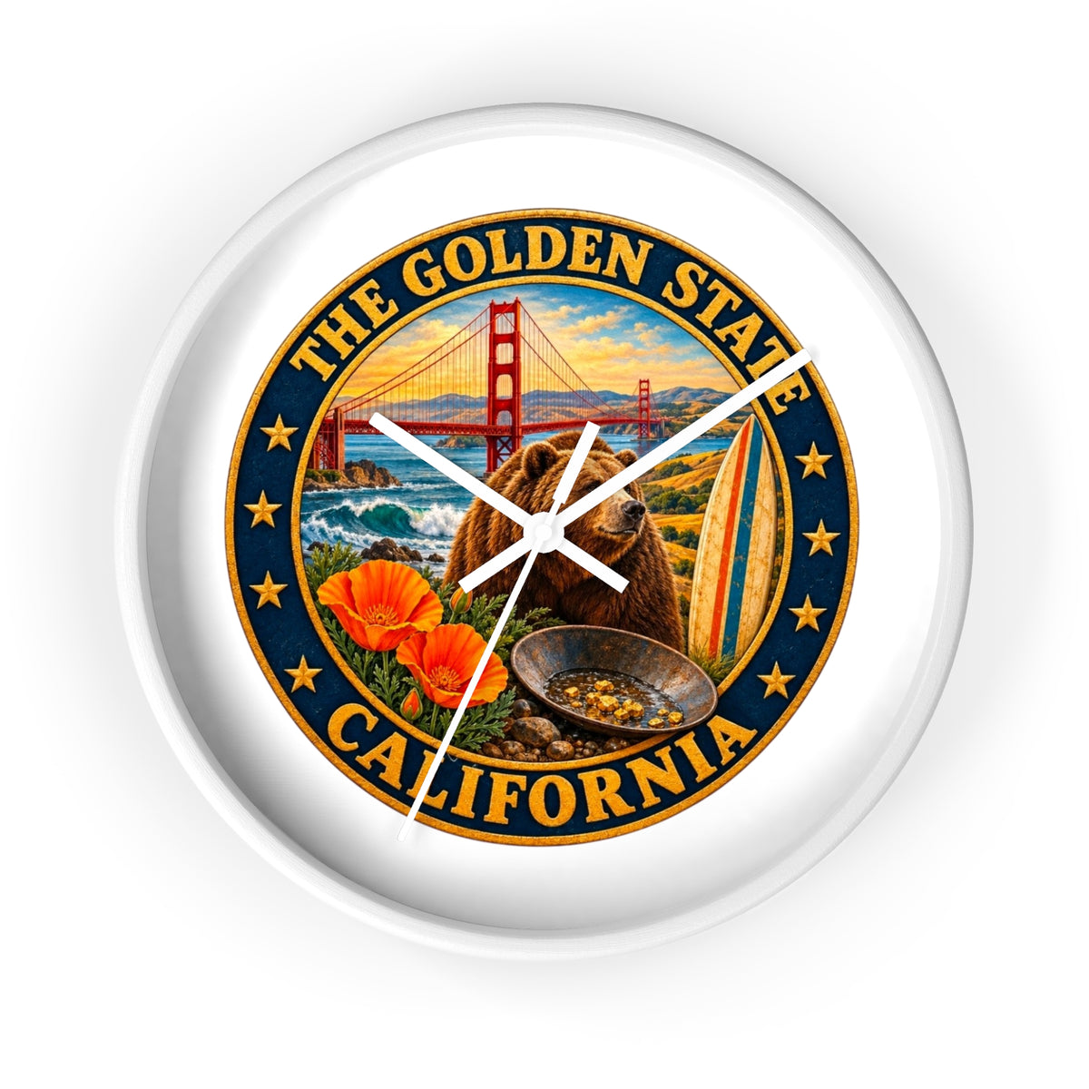 California Golden State Wall Clock — Golden Gate, Bear & Poppies Retro Travel Decor