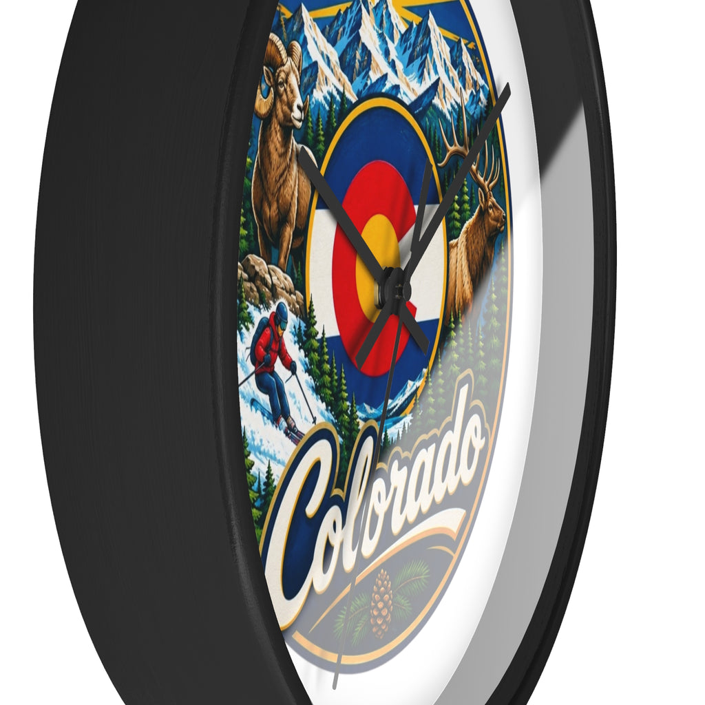 Colorado Mountain Scenic Wall Clock — Skiing, Elk & Bighorn Sheep Design
