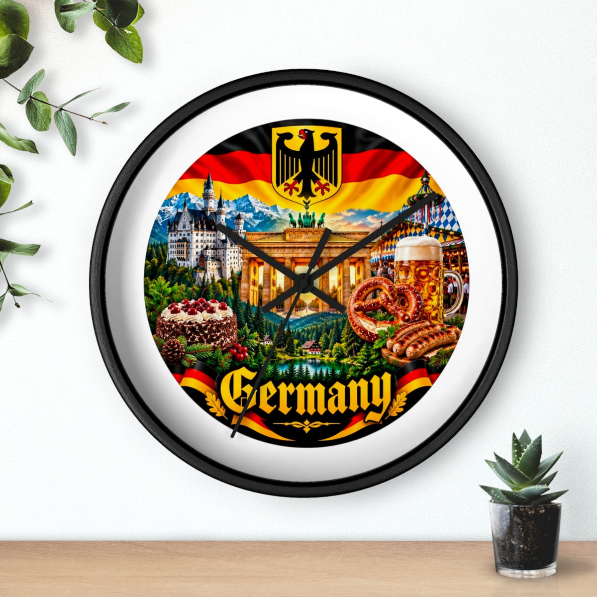 Germany Wall Clock — Travel Landmark Decor with Flag, Bavarian Pretzels & Beer