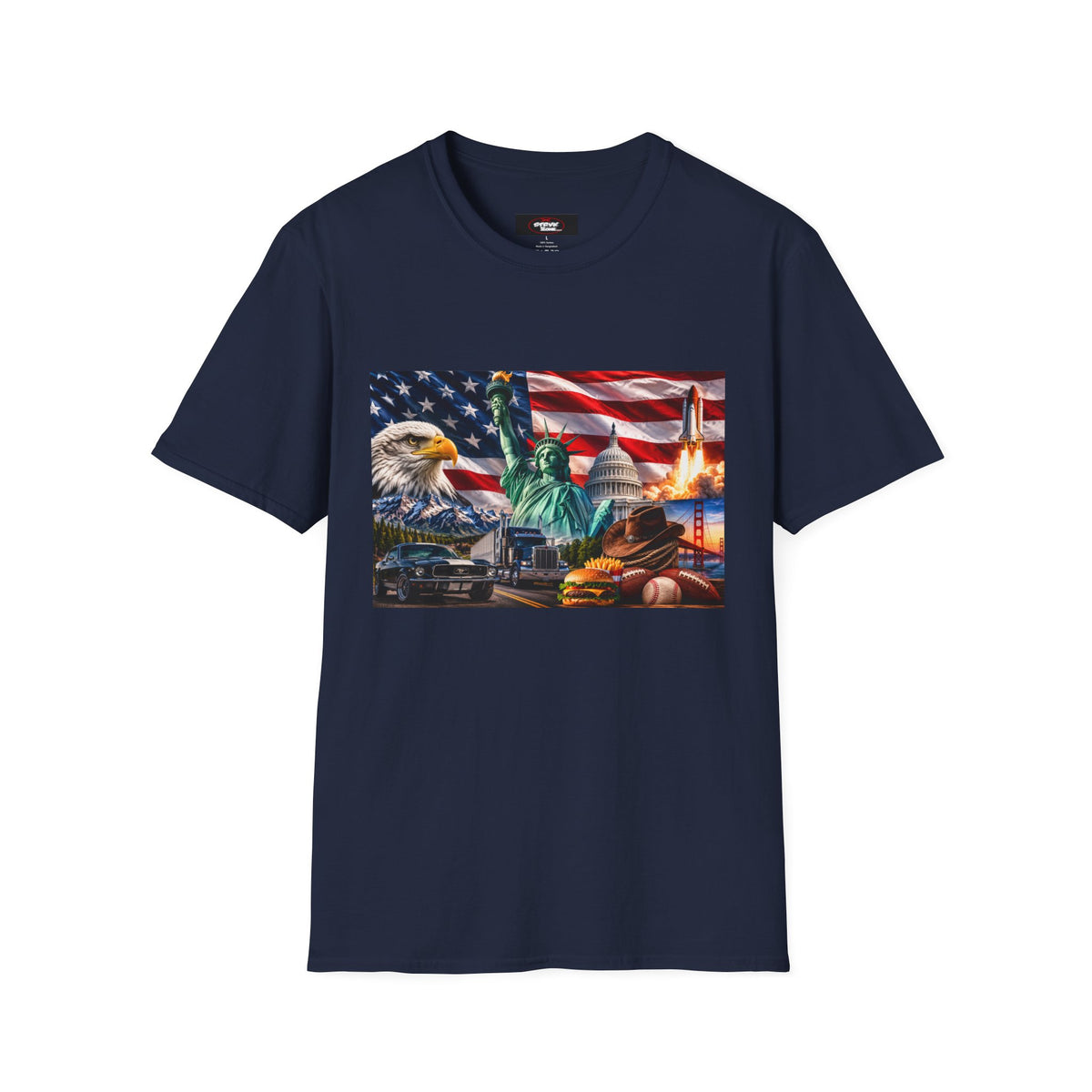 Patriotic USA Montage T-Shirt – Eagle, Statue of Liberty & American Flag Design