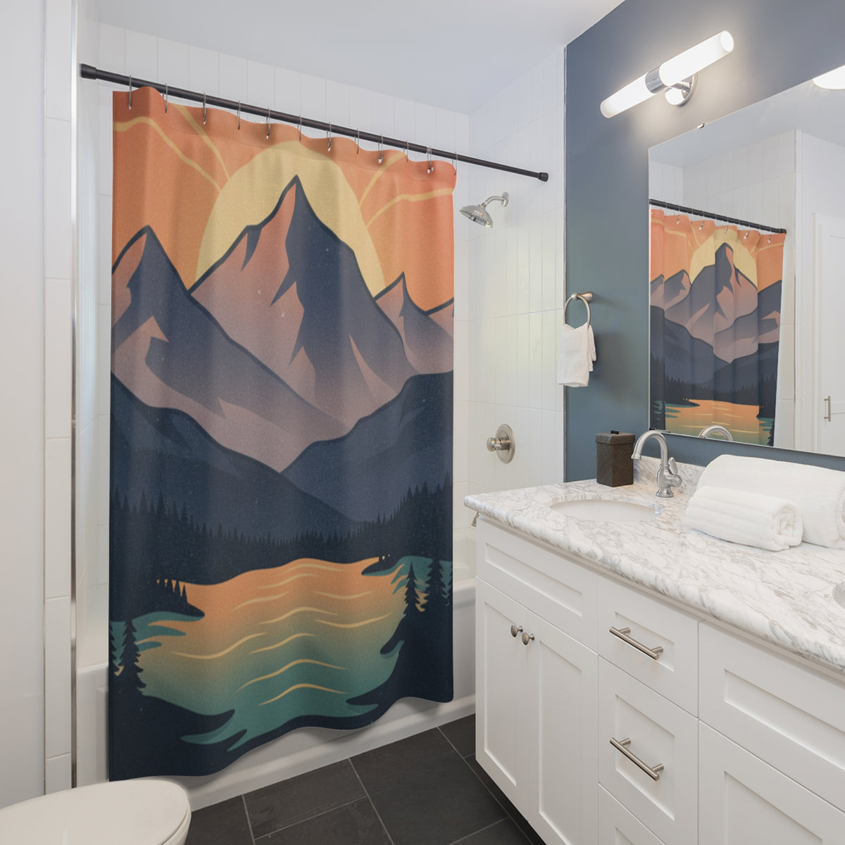 Mountain Sunset Shower Curtain — Scenic Sunset over Mountains Bathroom Decor