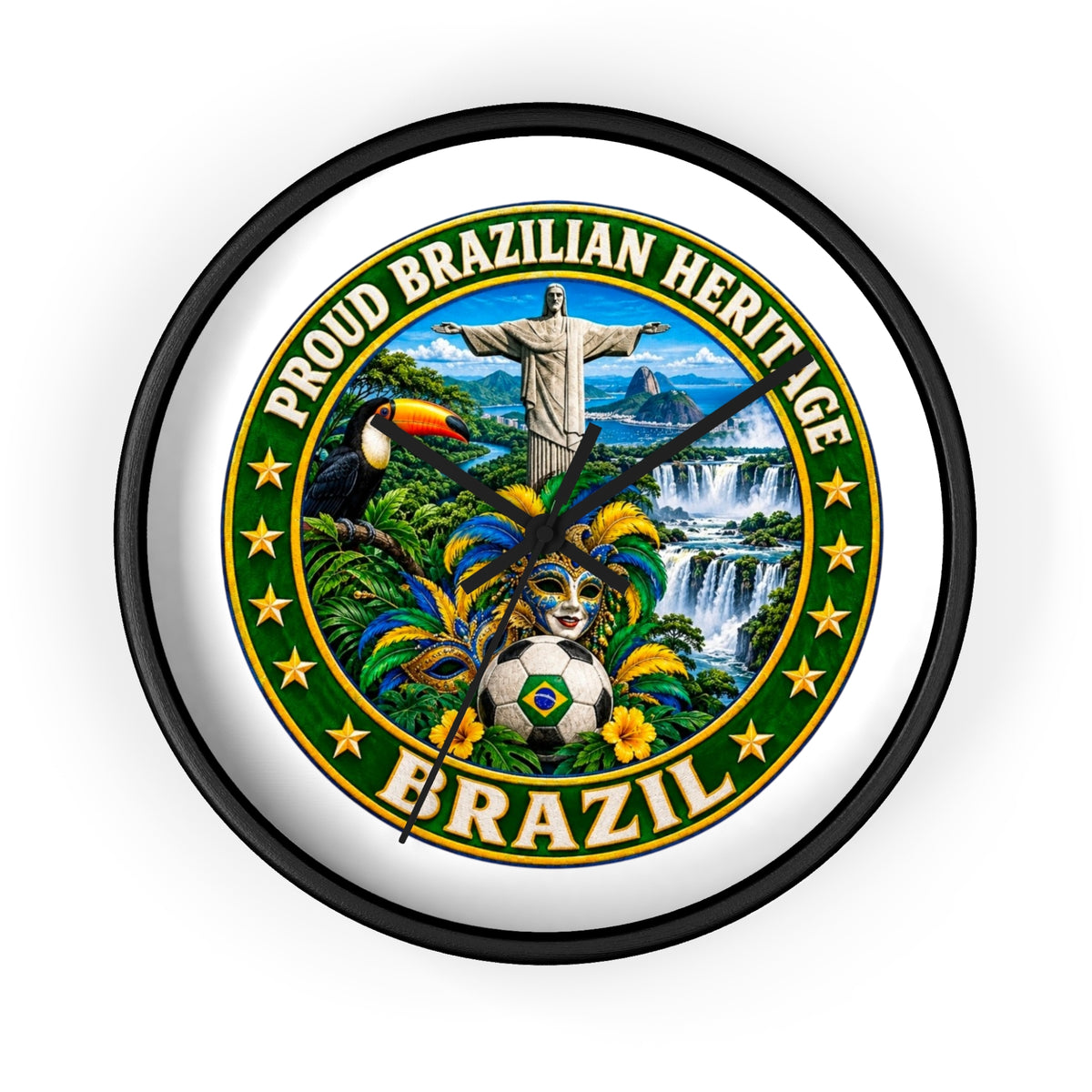 Brazil Wall Clock — Proud Brazilian Heritage Decorative Clock (Carnival, Cristo Redentor, Iguazu Falls)