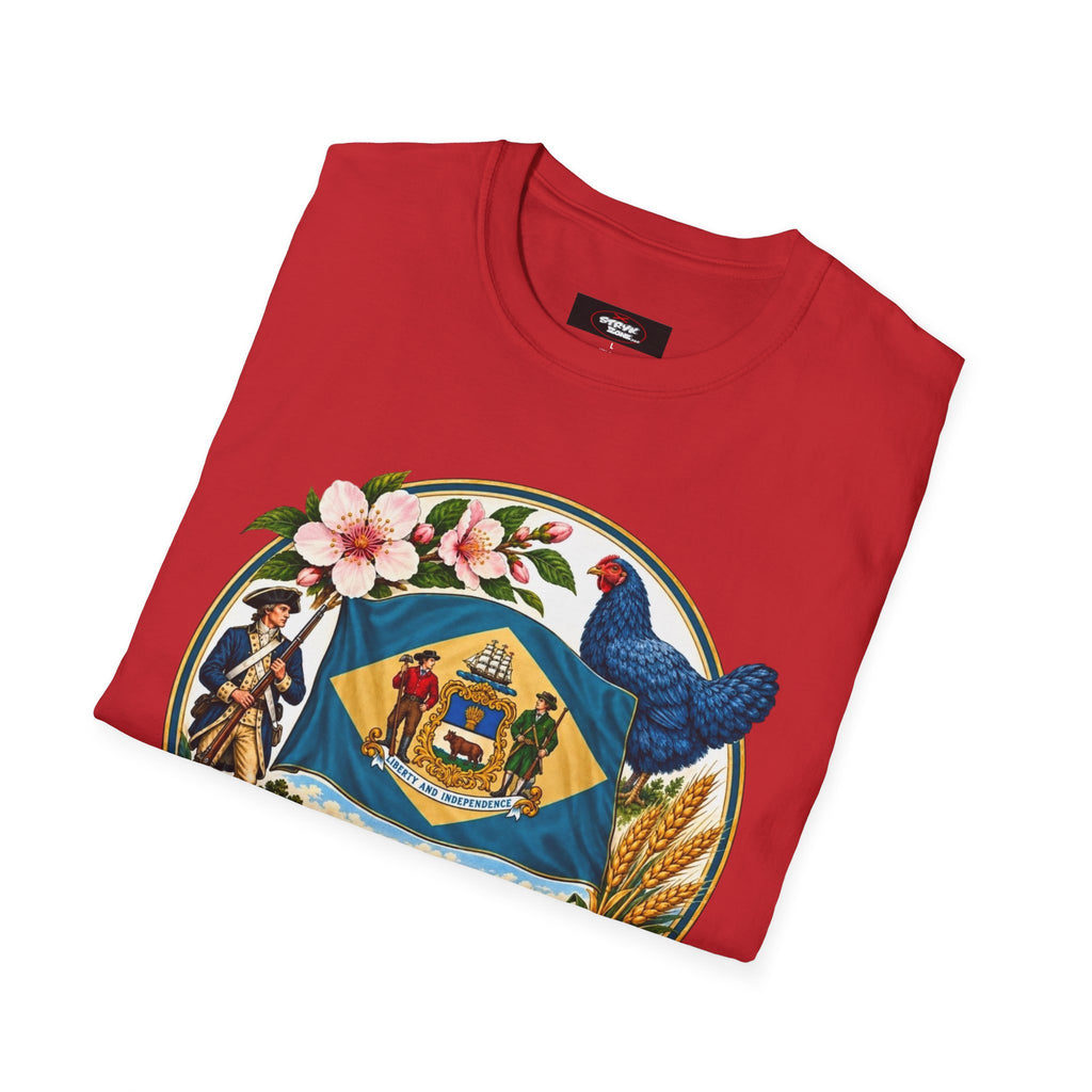 Delaware State Seal Vintage T-Shirt — Floral & Blue Hen State Emblem