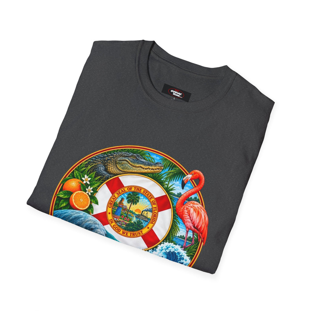 Florida Vintage Lifesaver T-Shirt — Flamingo, Oranges & Ocean Graphic