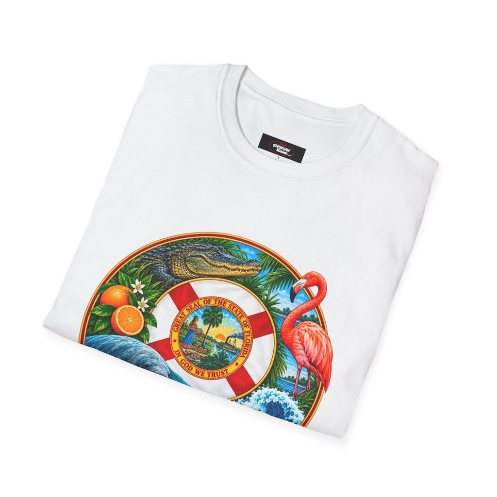 Florida Vintage Lifesaver T-Shirt — Flamingo, Oranges & Ocean Graphic
