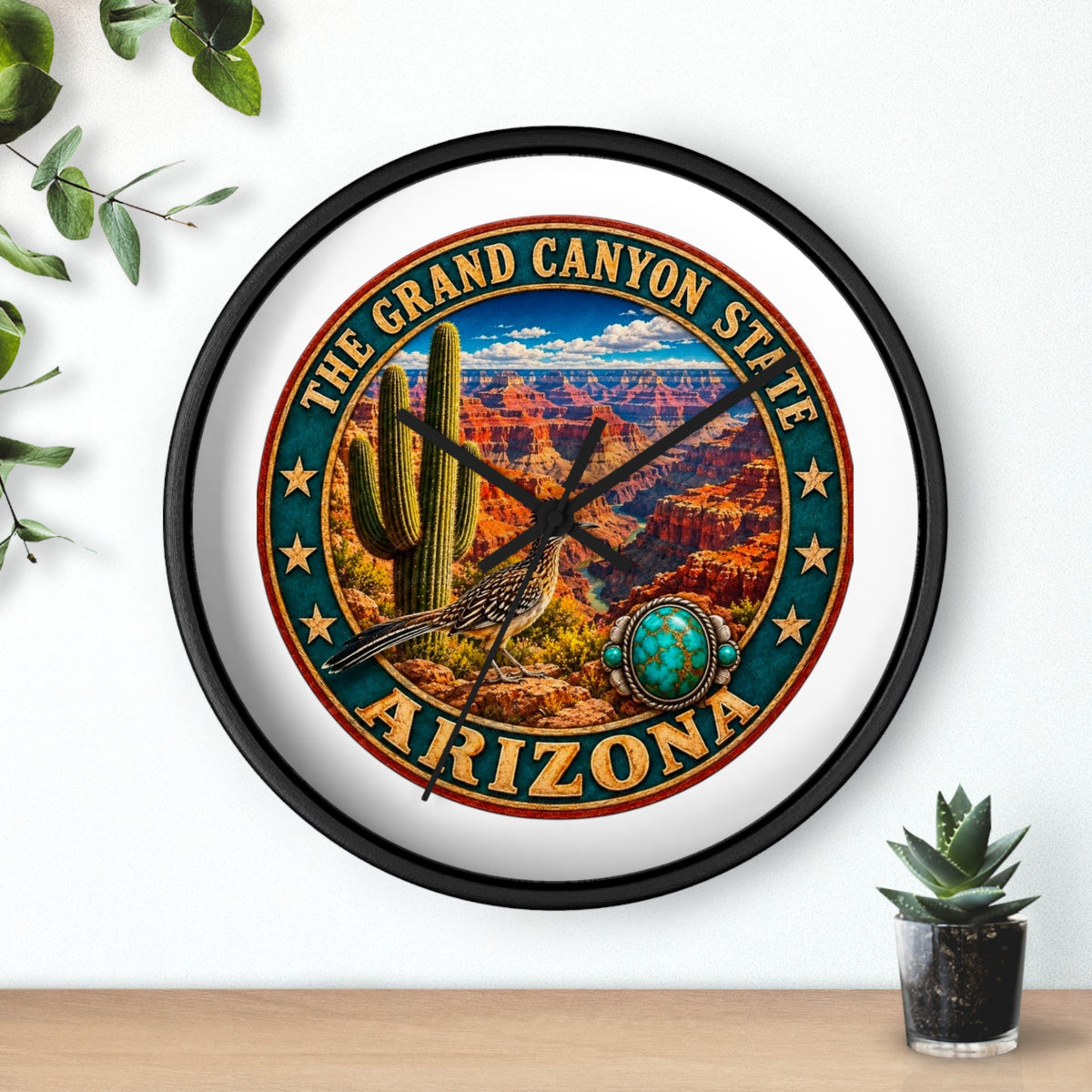 Arizona Grand Canyon State Wall Clock – Southwestern Cactus & Roadrunner Decor