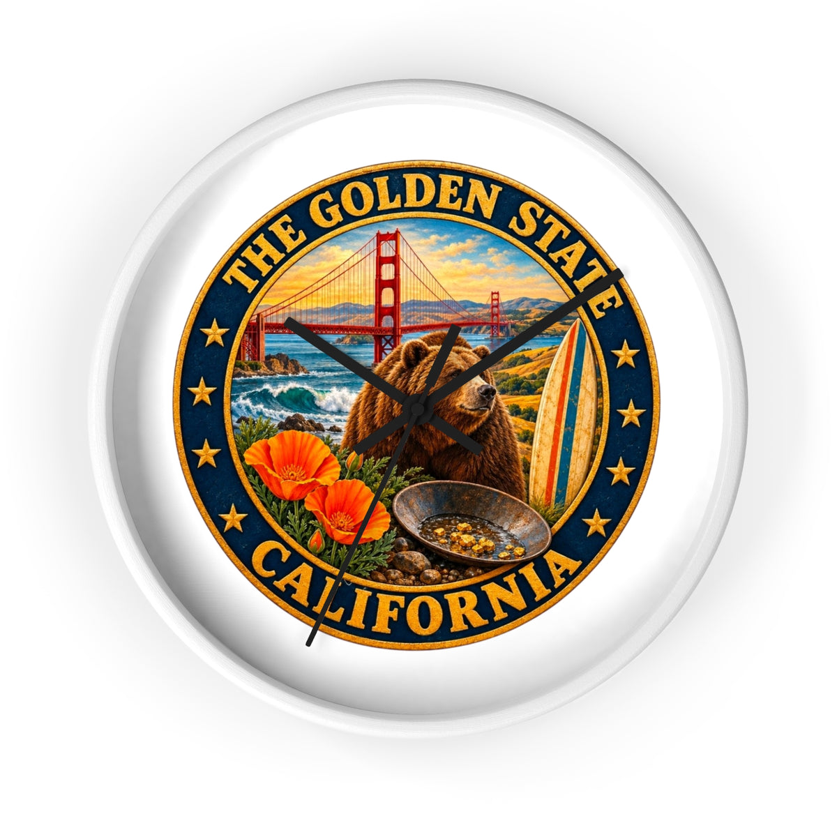 California Golden State Wall Clock — Golden Gate, Bear & Poppies Retro Travel Decor