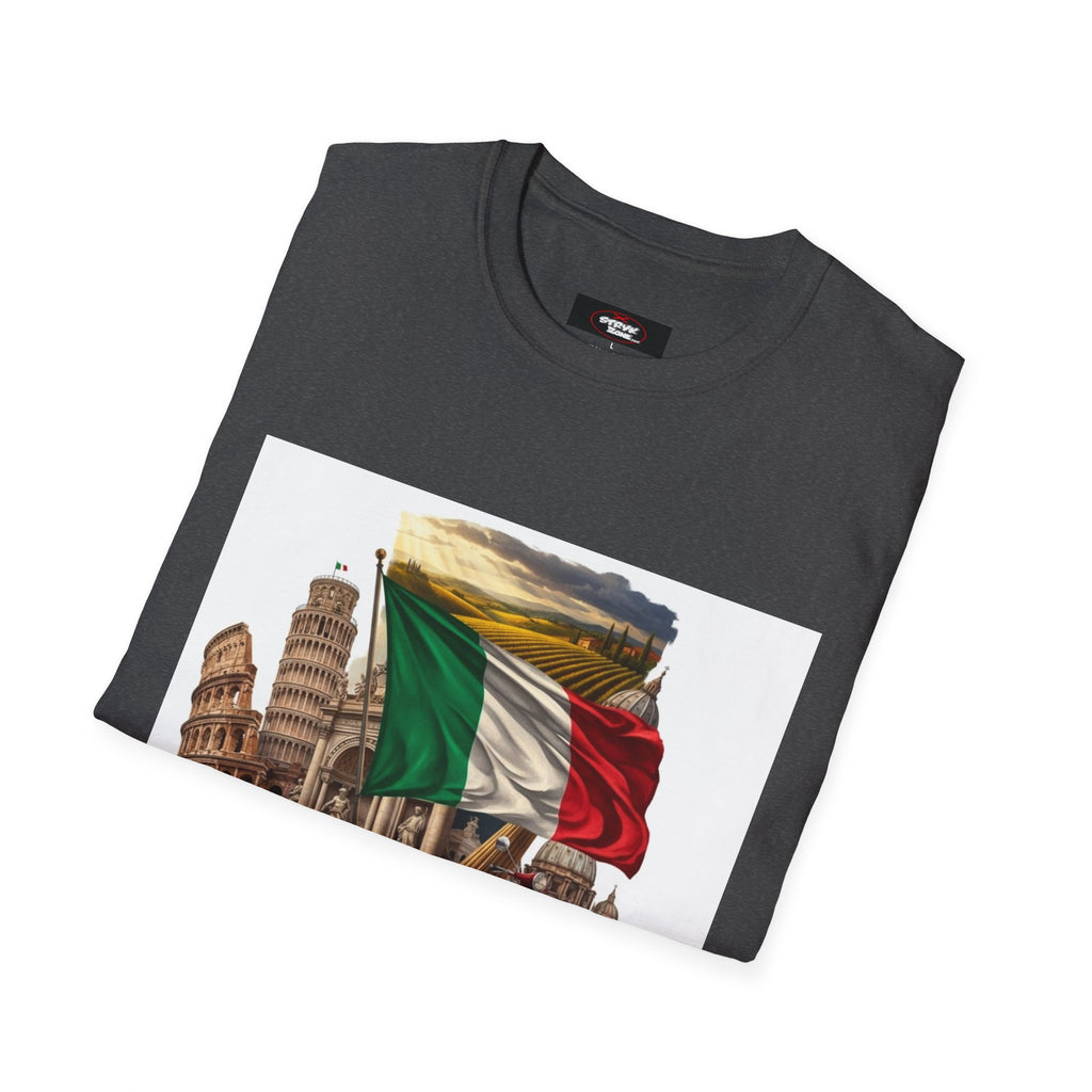 Italian Landmarks & Cuisine T-Shirt — Pizza, Colosseum & Flag Graphic