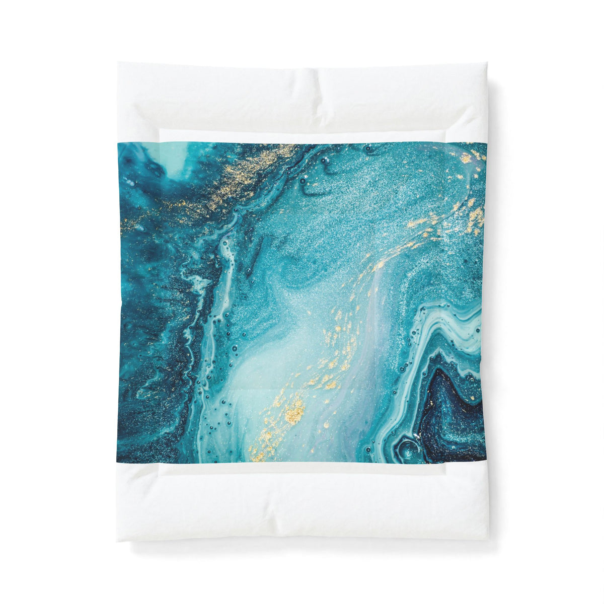 Teal Marble Cotton Comforter – Ocean Blue Abstract Bedding with Gold Veins