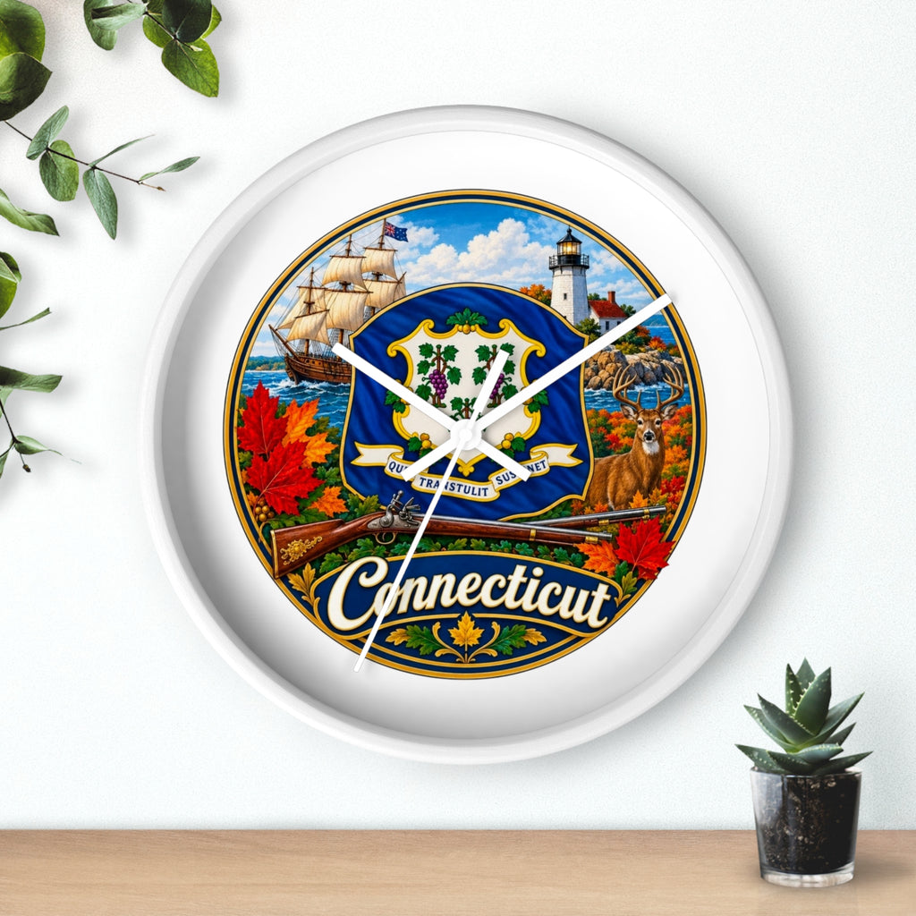 Connecticut State Emblem Wall Clock — Scenic Lighthouse, Ship & Maple Leaf Decor