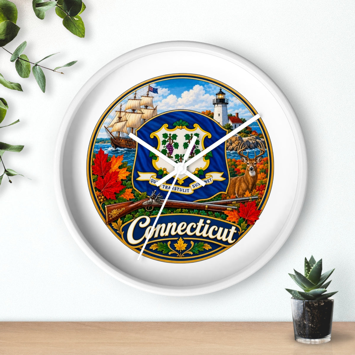 Connecticut State Emblem Wall Clock — Scenic Lighthouse, Ship & Maple Leaf Decor