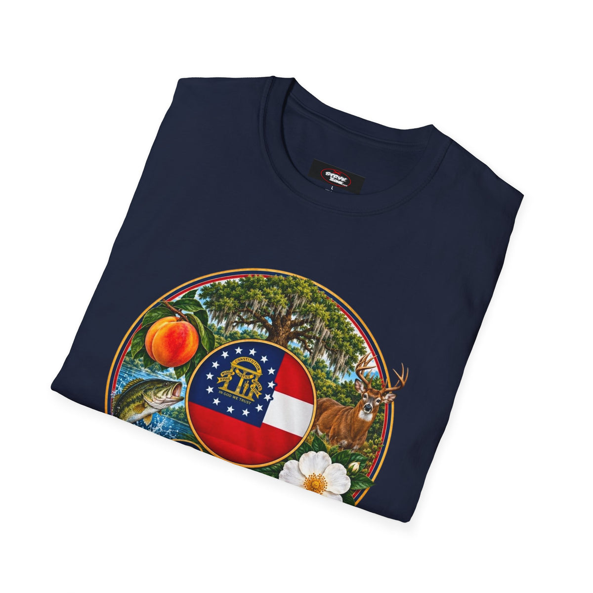 Georgia State Emblem T-Shirt – Peach, Magnolia & Flag Design