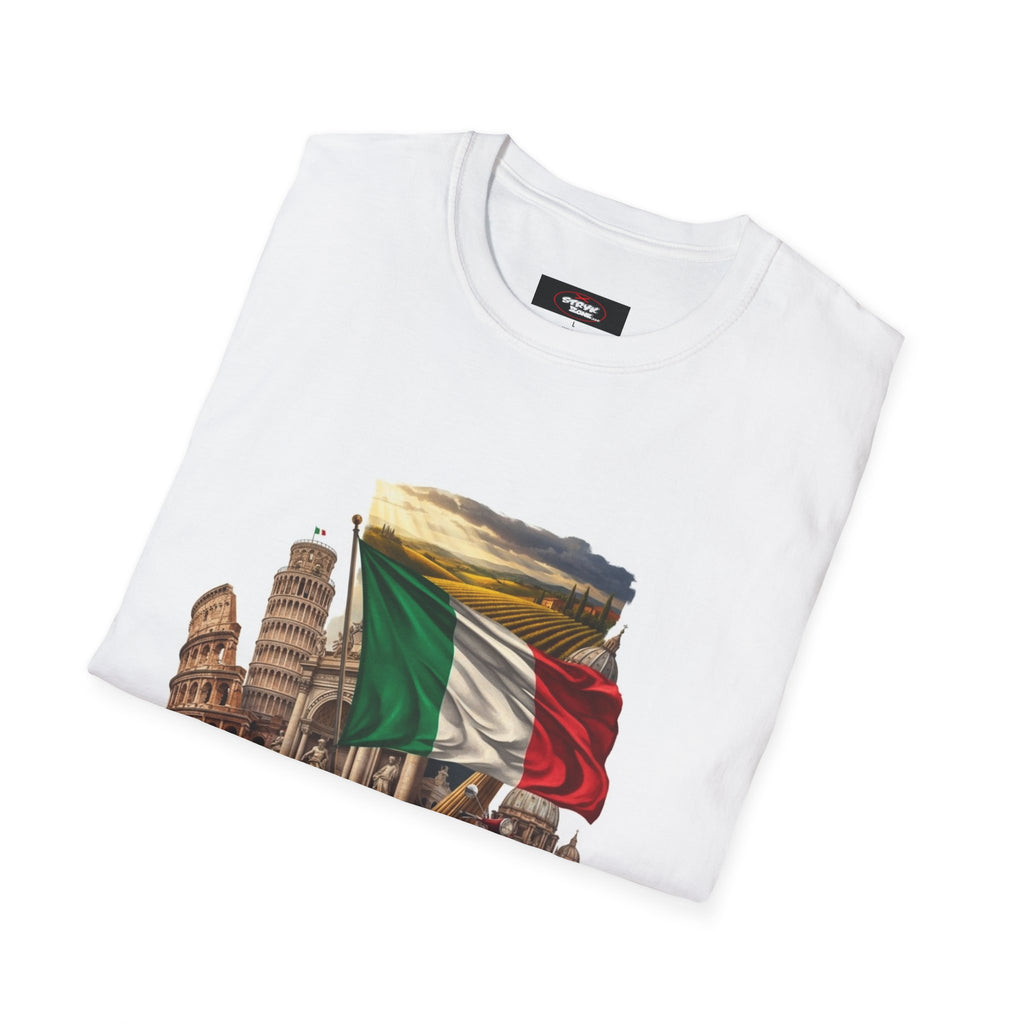 Italian Landmarks & Cuisine T-Shirt — Pizza, Colosseum & Flag Graphic