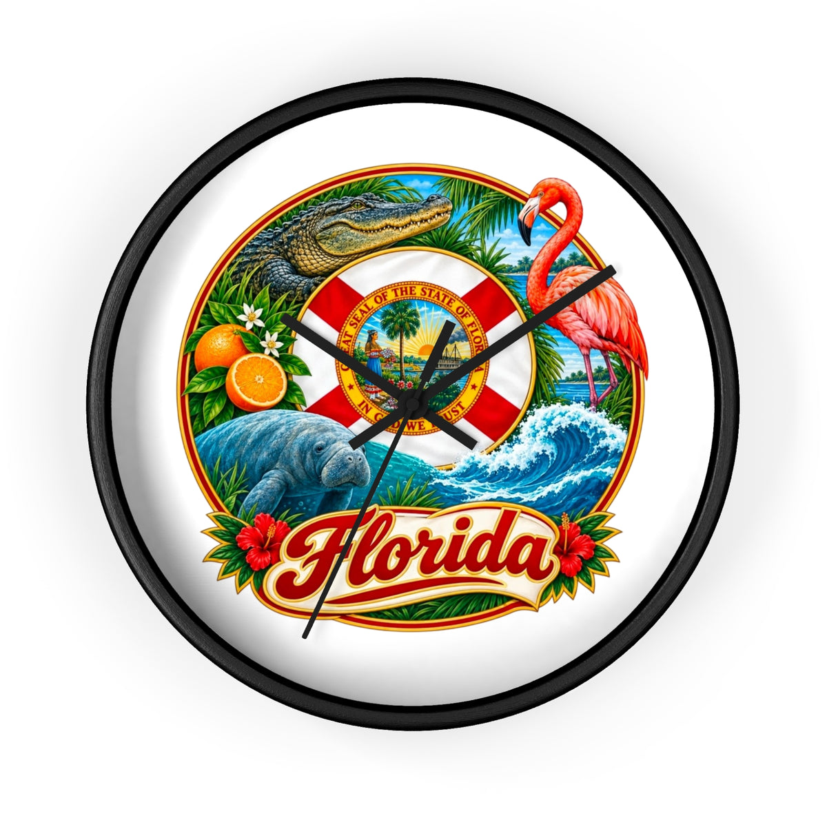 Florida Vintage Travel Wall Clock — Flamingo, Alligator & Citrus Scenic Decor