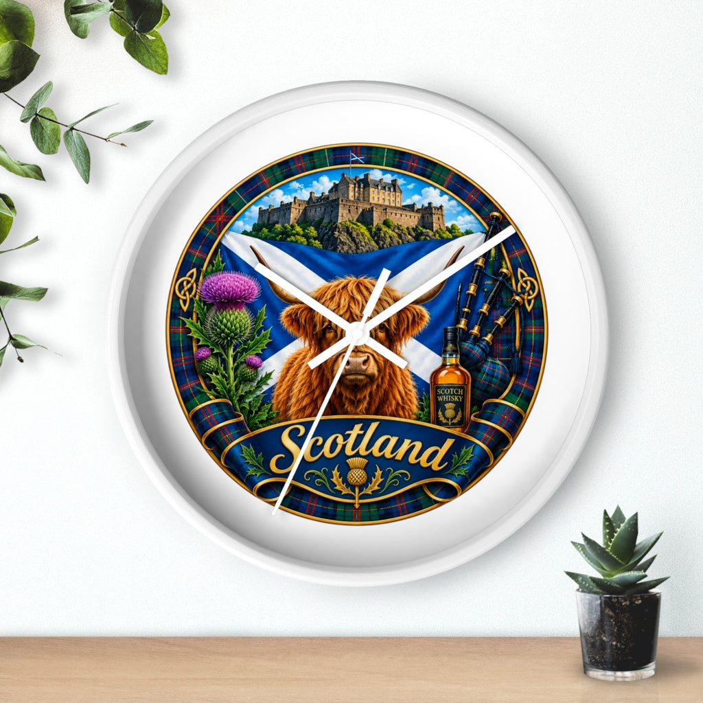 Scotland Highland Cow Wall Clock — Tartan Thistle Scottish Castle Home Decor