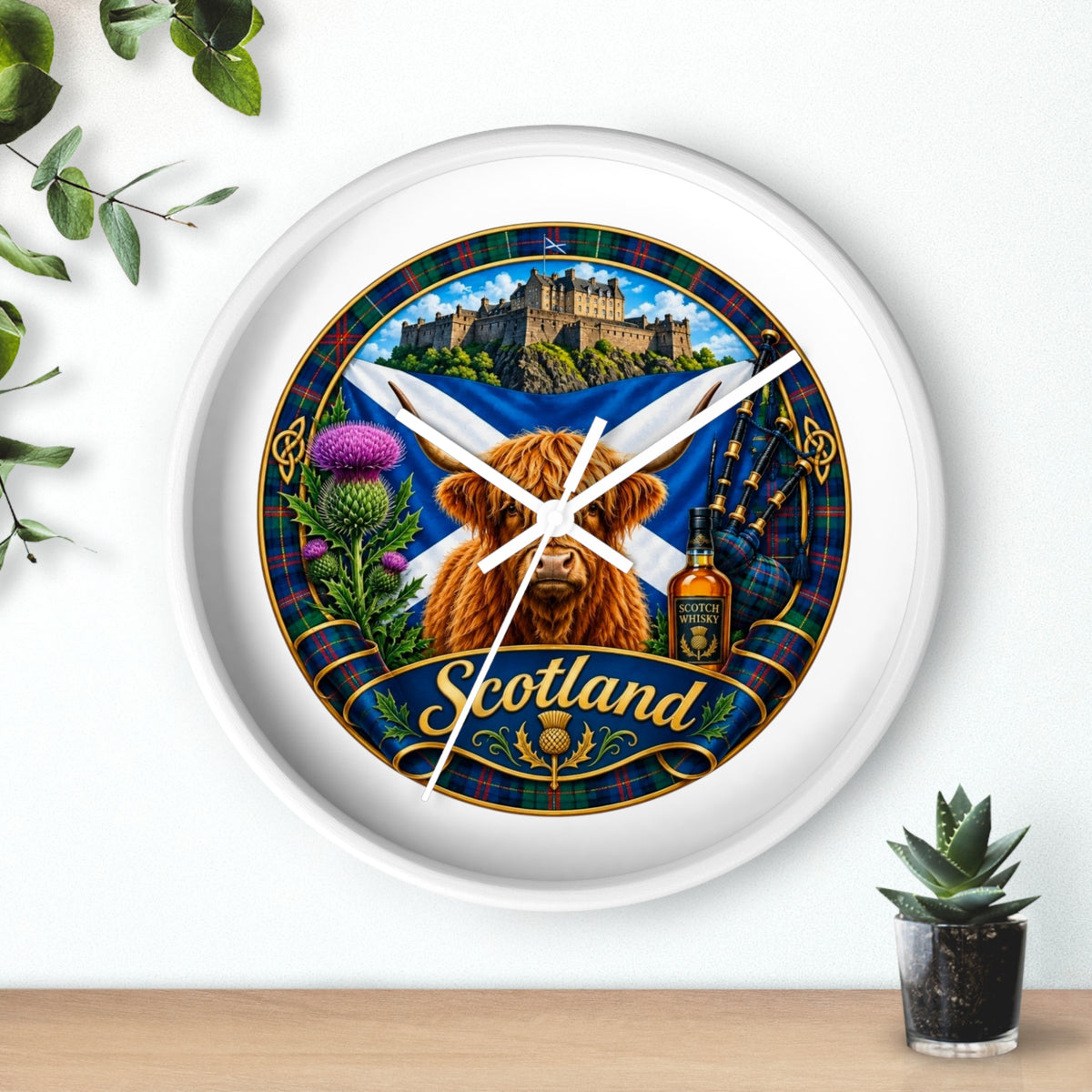 Scotland Highland Cow Wall Clock — Tartan Thistle Scottish Castle Home Decor