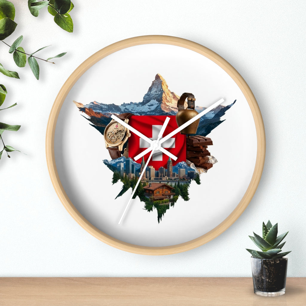 Swiss Heritage Wall Clock – Alpine Crest Design with Swiss Flag, Mountain & Chalet Elements