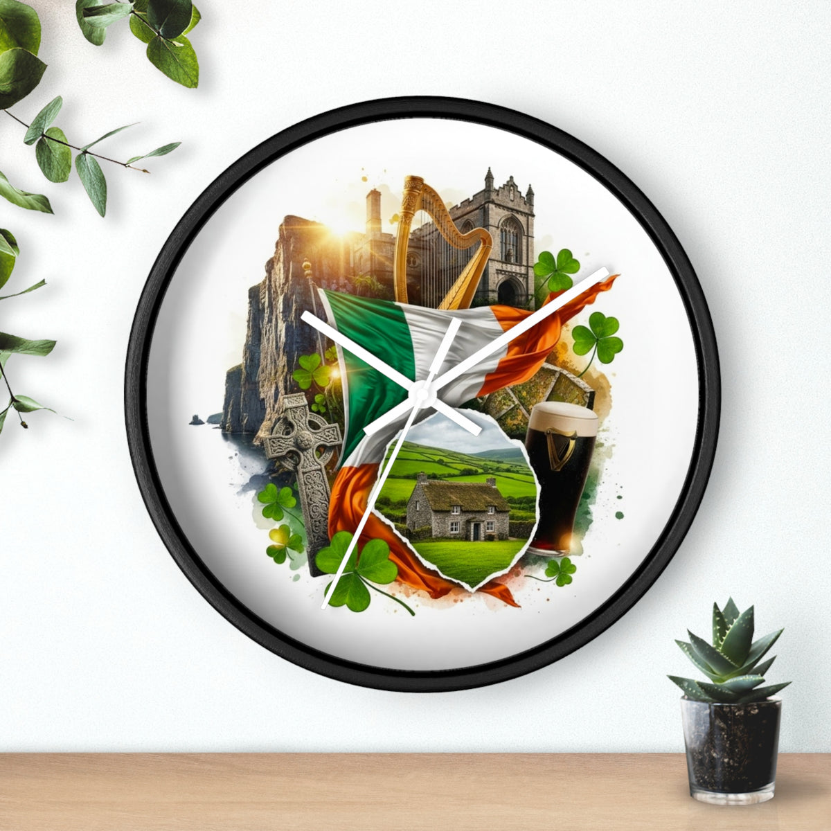 Irish Heritage Wall Clock — Celtic Flag, Shamrocks, Harp & Pub Pint Decor