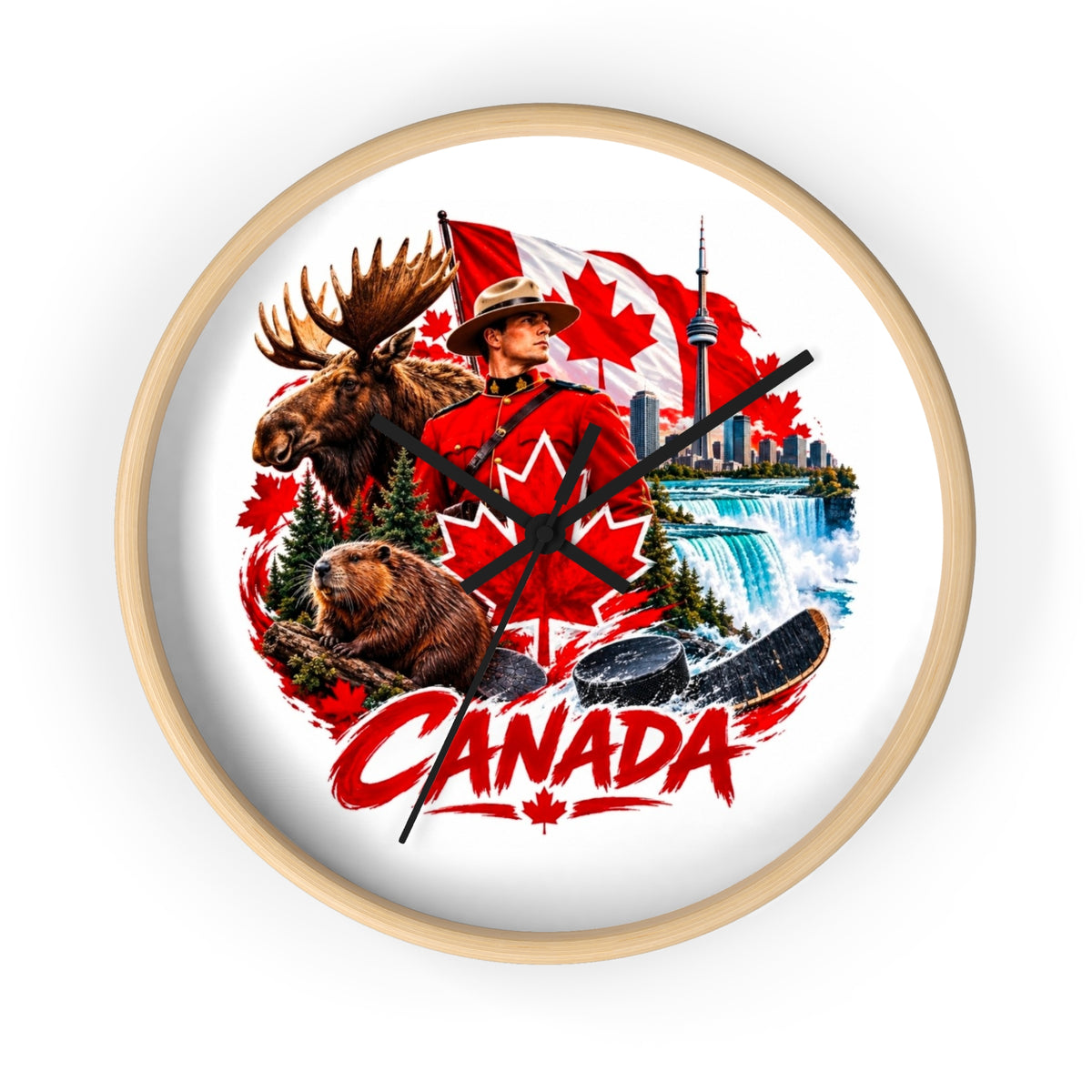 Canada Souvenir Wall Clock — Maple Leaf Moose, Bear & Mountie Collage