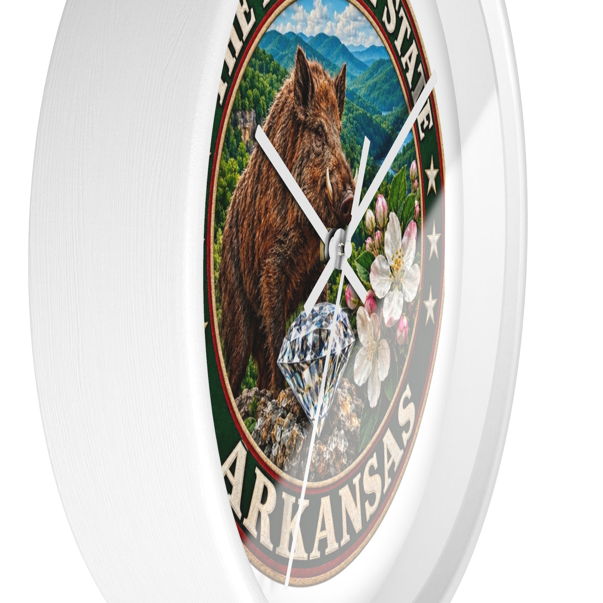 Arkansas State Seal Decorative Wall Clock — 'The Natural State' Bear, Diamond & Apple Blossom Design