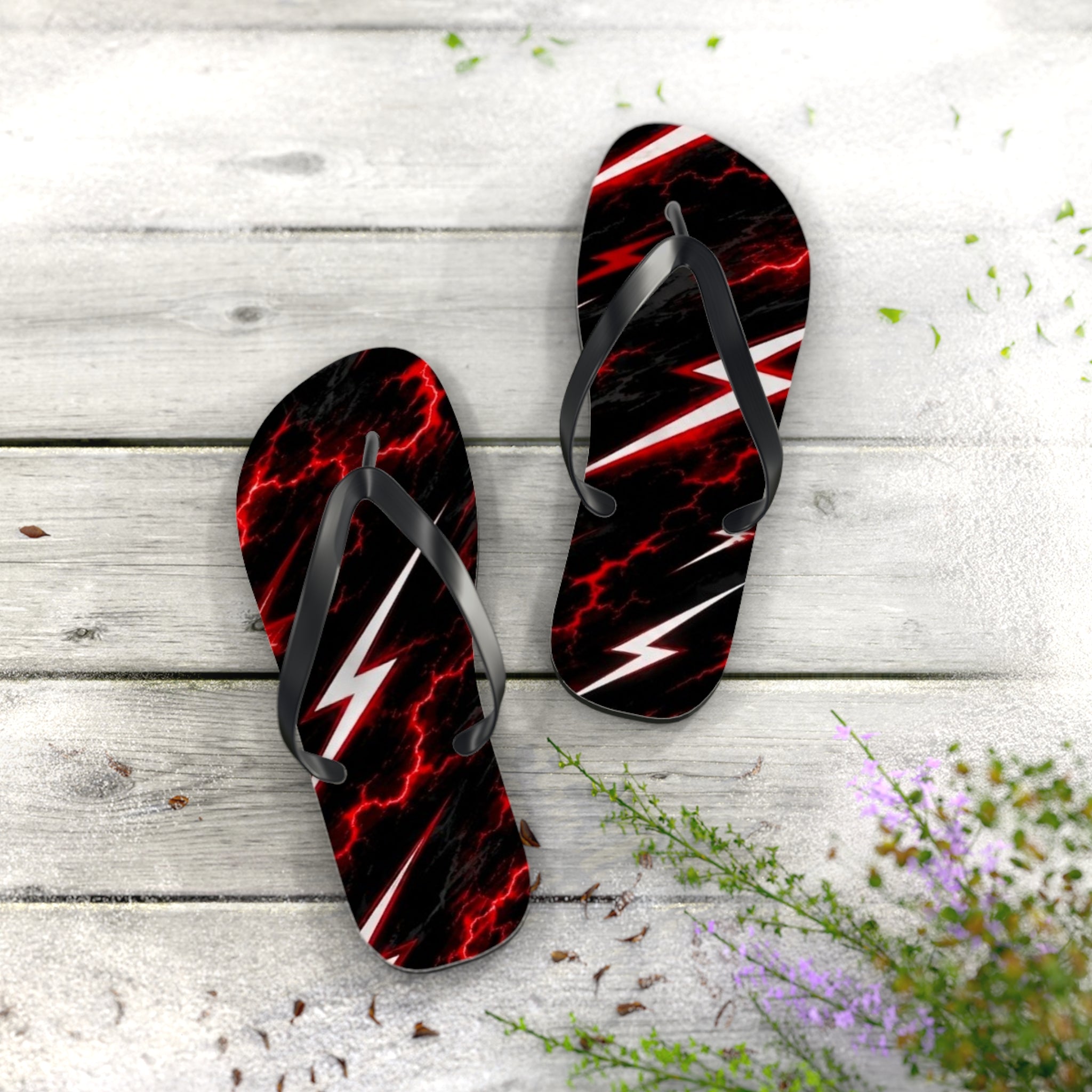 Red Lightning Flip Flops — Bold Storm-Pattern Beach Sandals