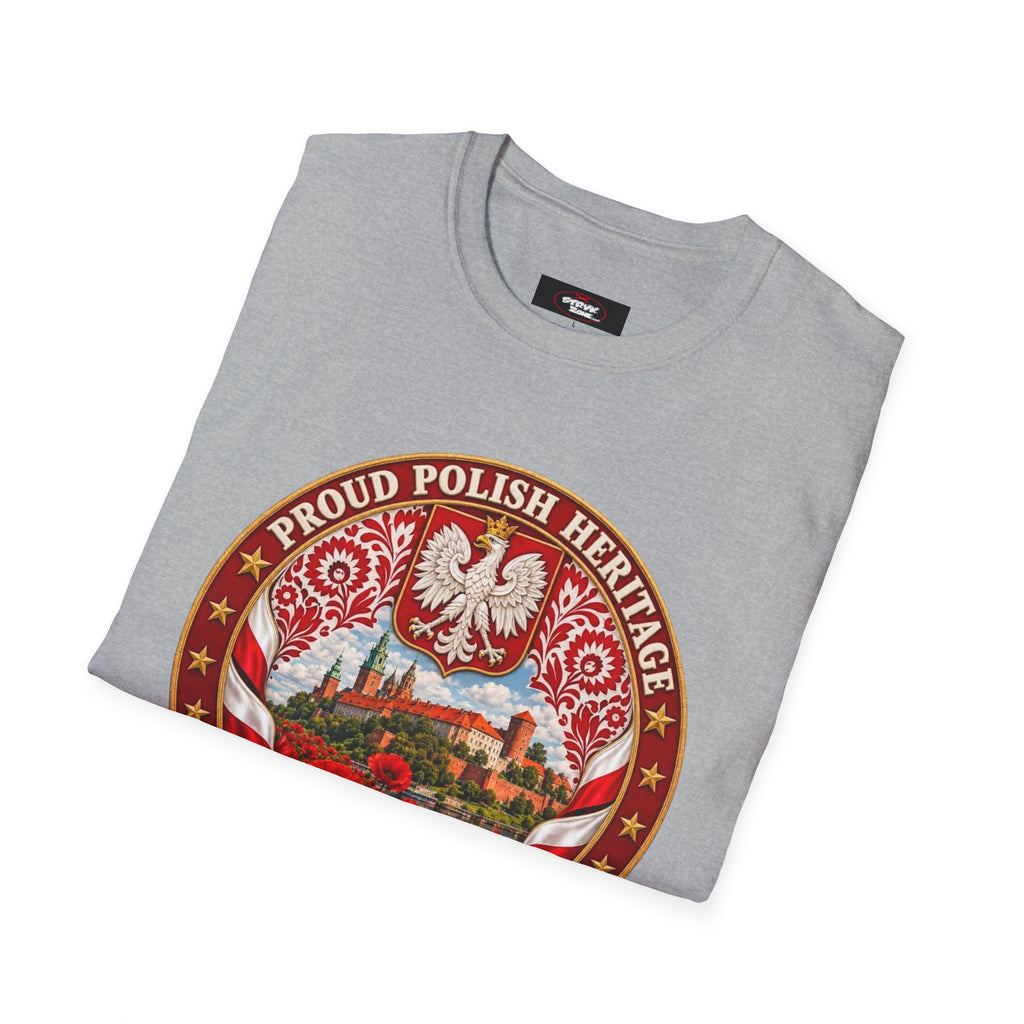 Poland Pride T-Shirt — "Proud Polish Heritage" Circle Crest with White Eagle and Floral Motif