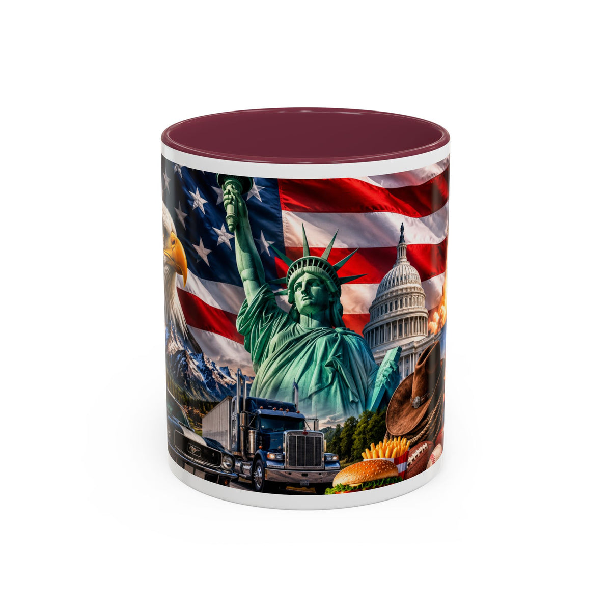 Patriotic USA Collage Mug — Statue of Liberty, Capitol & American Flag (Two-Tone)