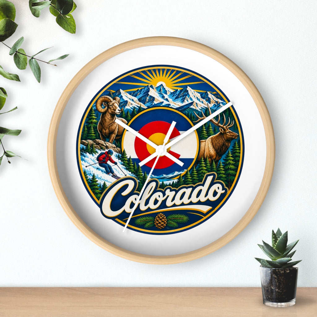 Colorado Mountain Scenic Wall Clock — Skiing, Elk & Bighorn Sheep Design