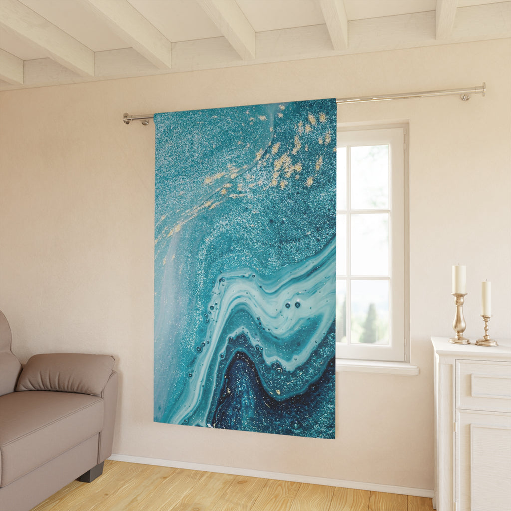 Teal Marble Window Curtain — Ocean Blue Abstract Drapery Panel