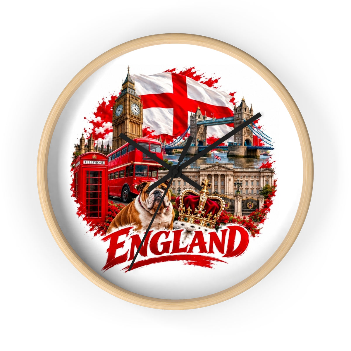 England Wall Clock – British Landmarks, Bulldog & St. George Flag Home Decor