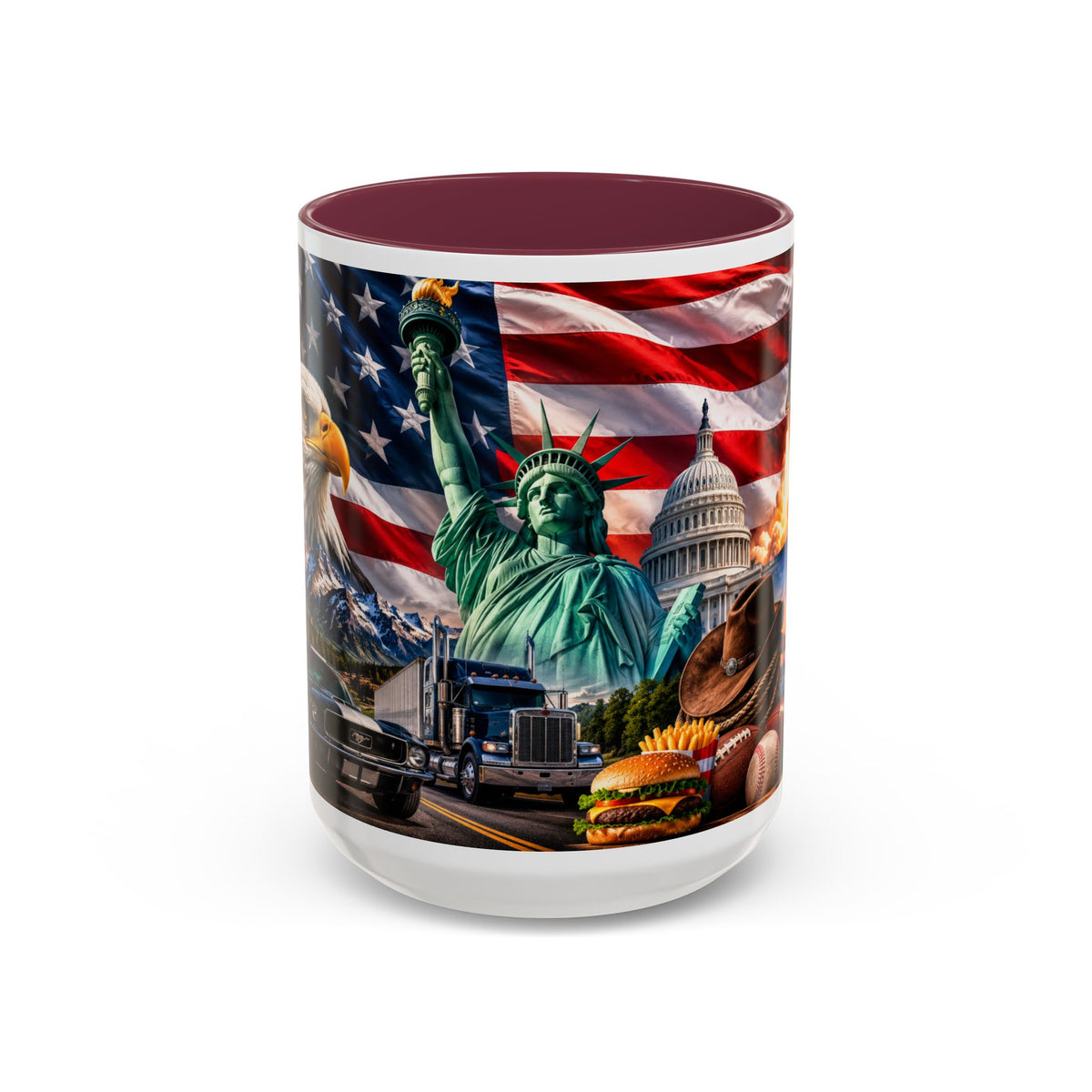 Patriotic USA Collage Mug — Statue of Liberty, Capitol & American Flag (Two-Tone)