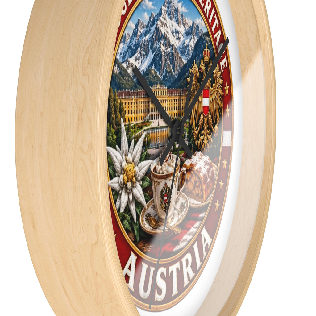 Austria Heritage Wall Clock — Proud Austrian Mountains & Coffee Scene