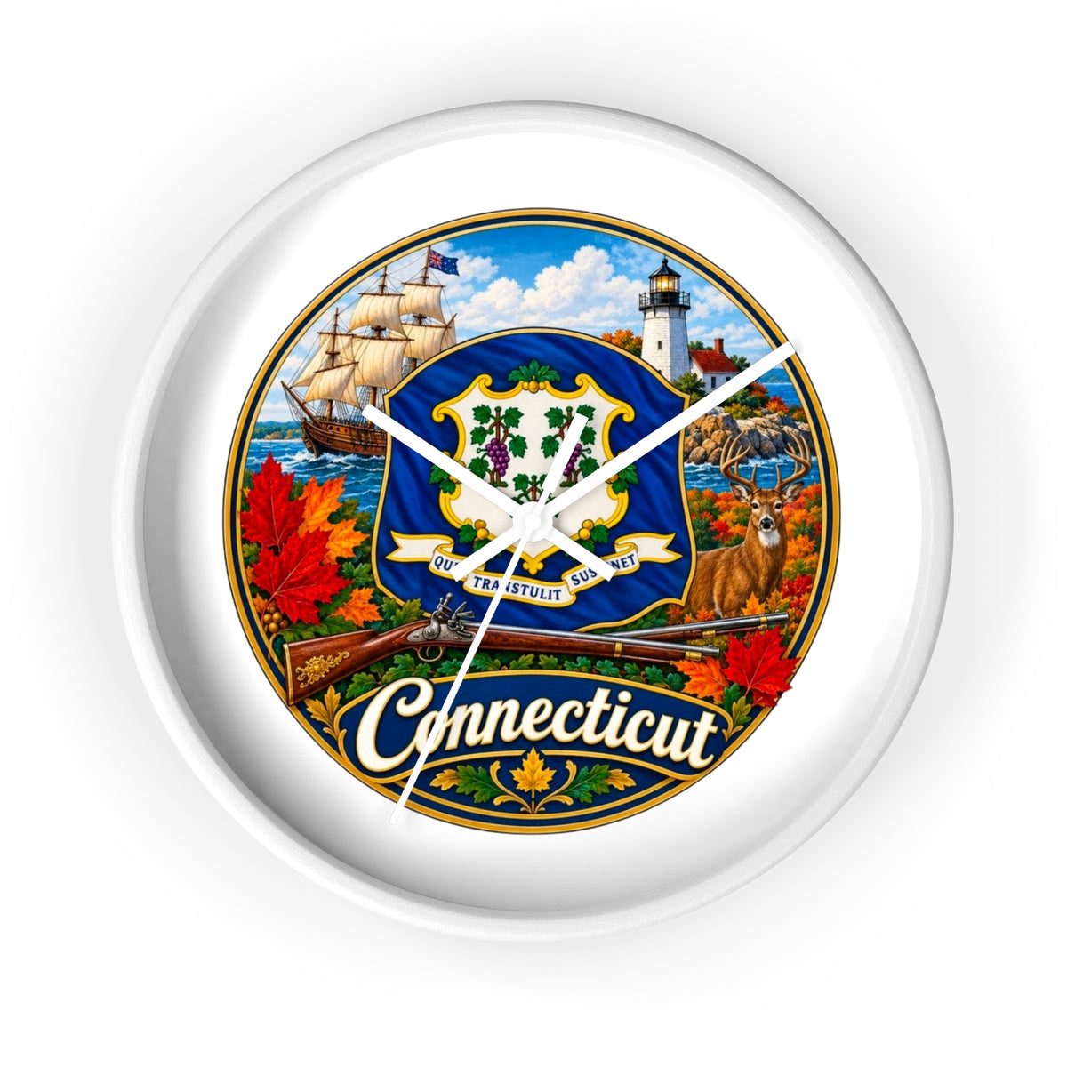 Connecticut State Emblem Wall Clock — Scenic Lighthouse, Ship & Maple Leaf Decor