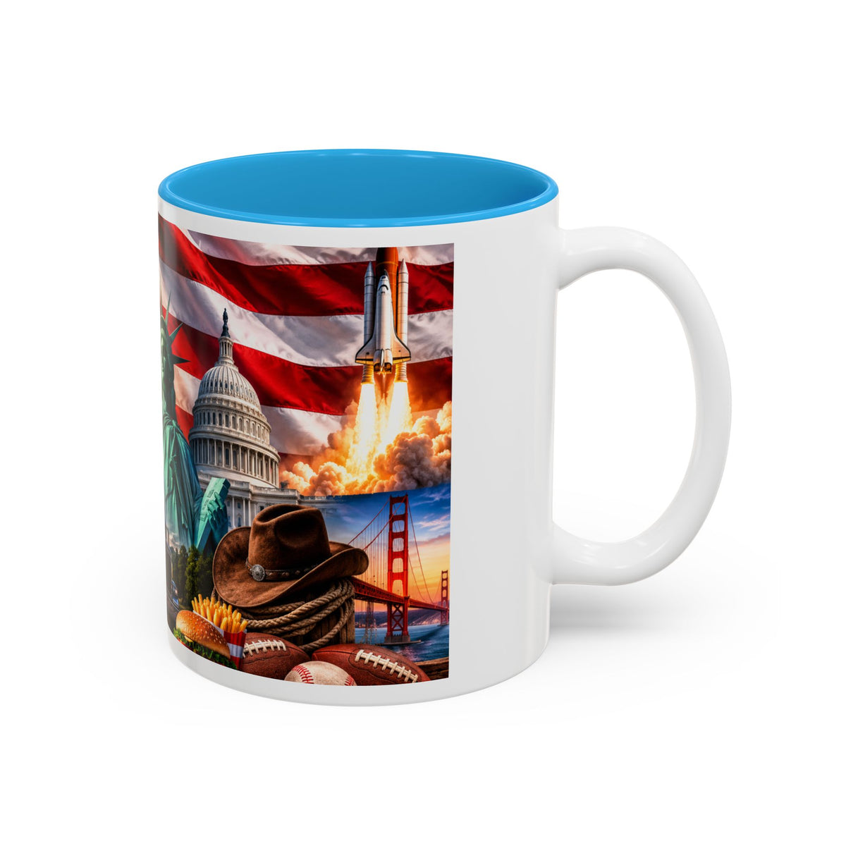 Patriotic USA Collage Mug — Statue of Liberty, Capitol & American Flag (Two-Tone)