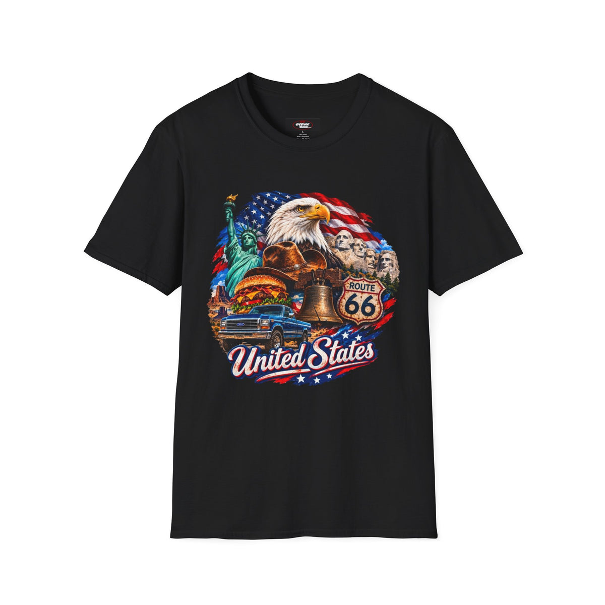 United States Patriotic T-Shirt — Bald Eagle, Statue of Liberty & Route 66 Design