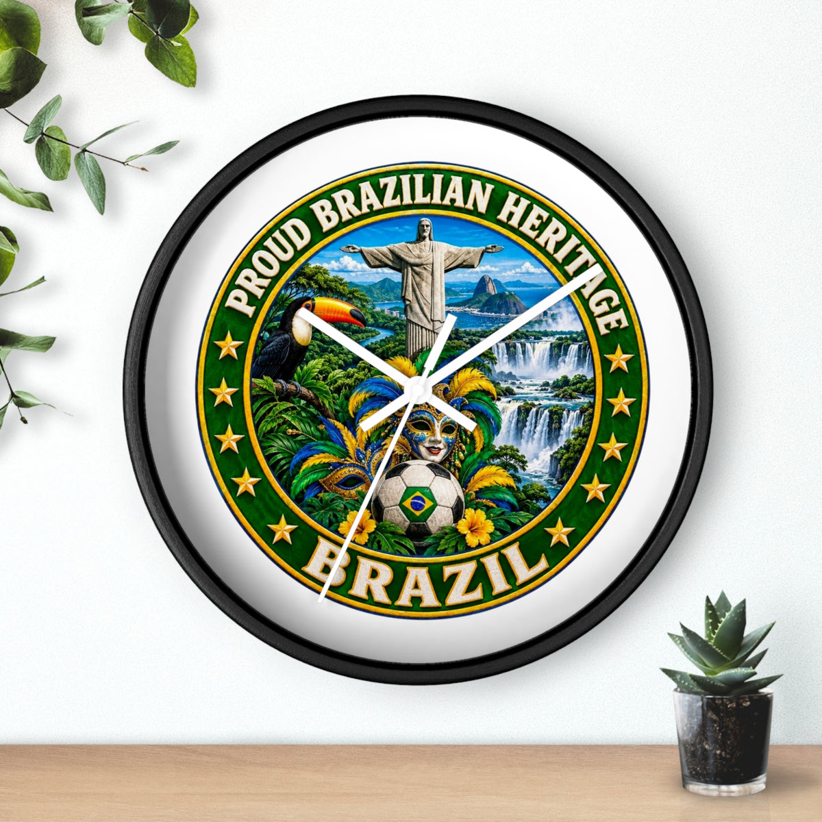 Brazil Wall Clock — Proud Brazilian Heritage Decorative Clock (Carnival, Cristo Redentor, Iguazu Falls)