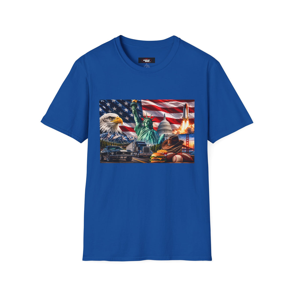 Patriotic USA Montage T-Shirt – Eagle, Statue of Liberty & American Flag Design
