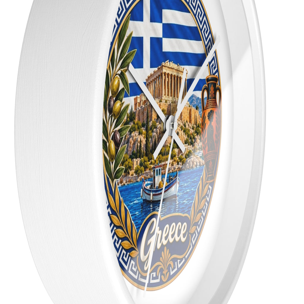 Greece Decorative Wall Clock — Parthenon, Olive Branch & Greek Flag Design