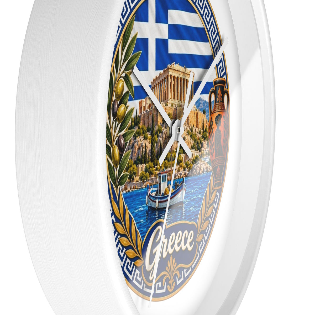 Greece Decorative Wall Clock — Parthenon, Olive Branch & Greek Flag Design