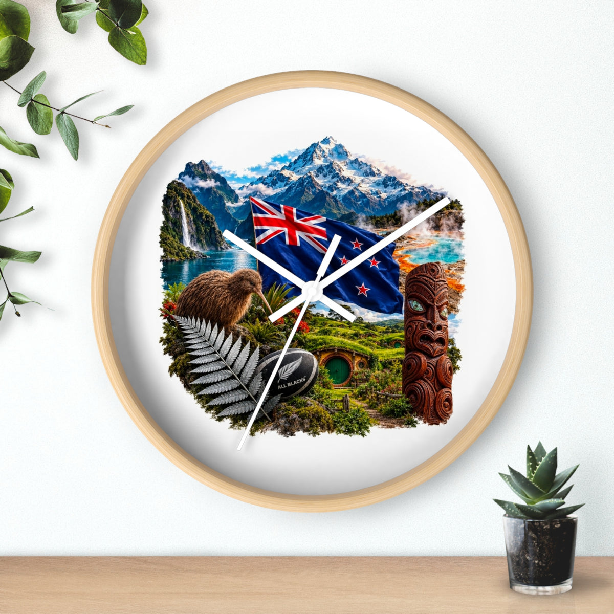 New Zealand Heritage Wall Clock — Kiwi, Silver Fern & Māori Tiki Design
