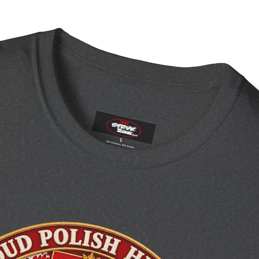 Poland Pride T-Shirt — "Proud Polish Heritage" Circle Crest with White Eagle and Floral Motif