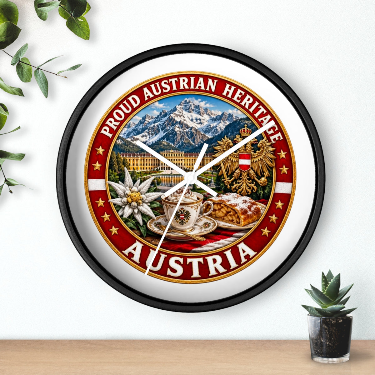 Austria Heritage Wall Clock — Proud Austrian Mountains & Coffee Scene