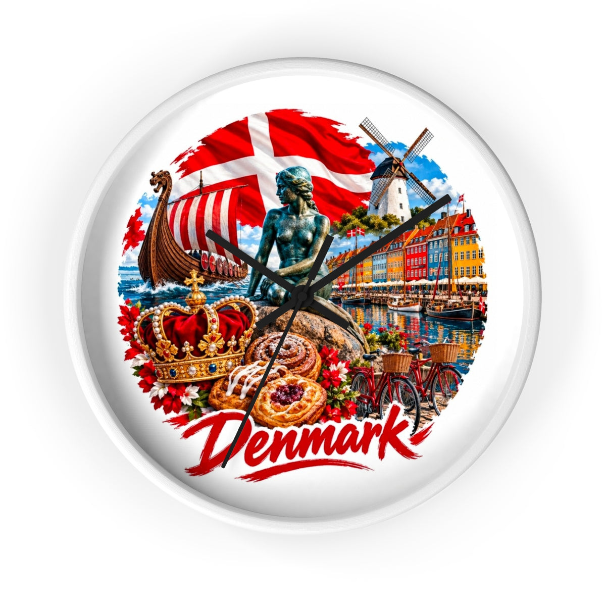 Denmark Wall Clock — Copenhagen Icons: Little Mermaid, Nyhavn, Viking Longship & Danish Pastries