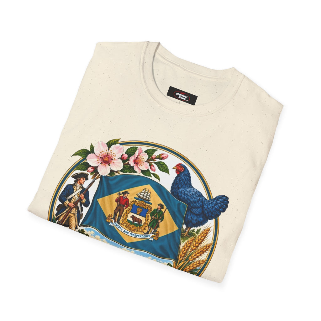 Delaware State Seal Vintage T-Shirt — Floral & Blue Hen State Emblem
