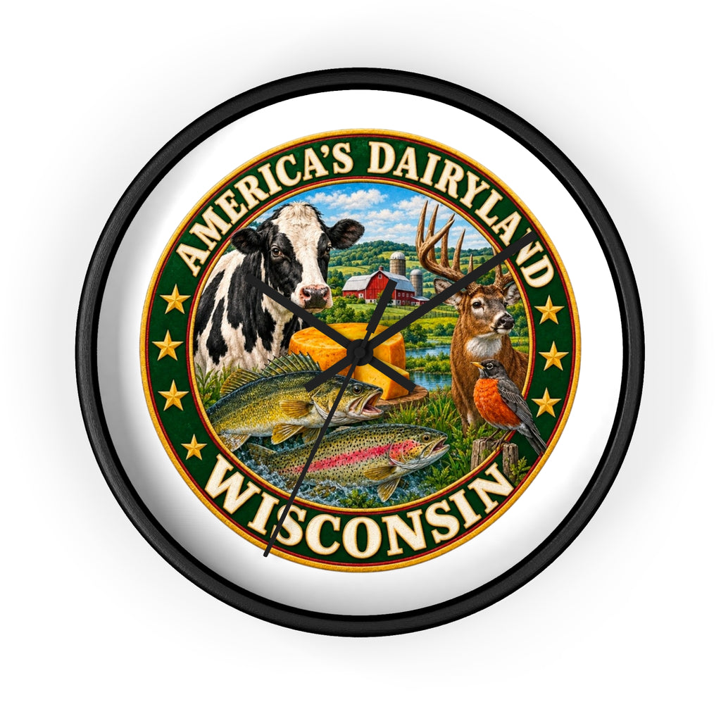Wisconsin Wall Clock — "America's Dairyland" Rustic Farm & Wildlife Clock