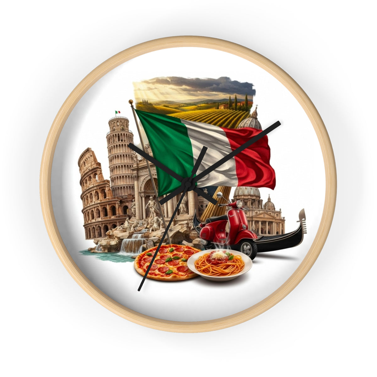 Italian Landmarks Wall Clock — Pizza, Vespa & Flag Heritage Decor